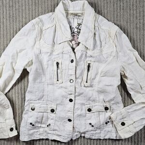 Flair Collection Women's Embroidered  Snap Front Top 100% linen  Large Y2k